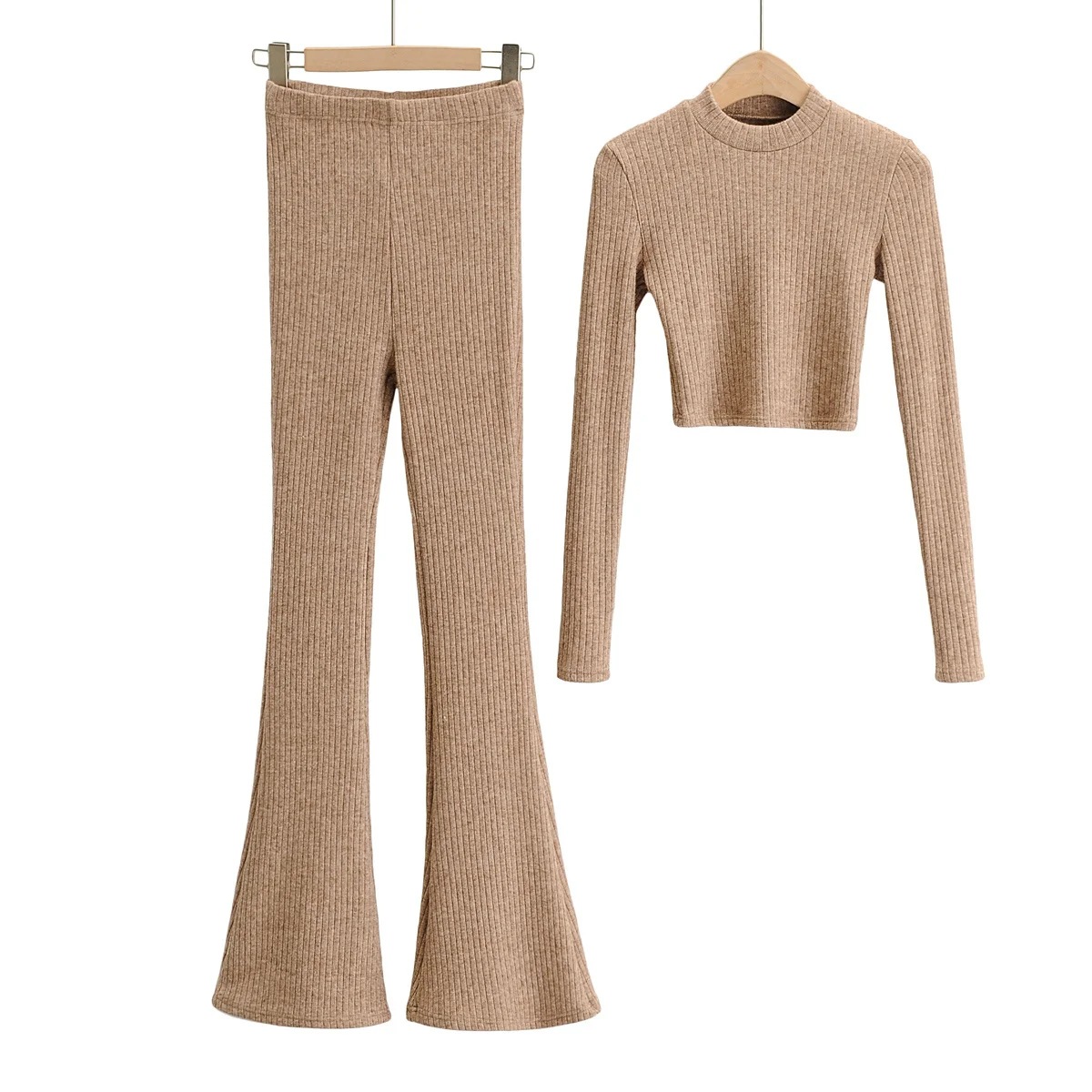 Short Long Sleeved Knit Sweater High-waist Stretch Fit Flared Trousers And Floor Trousers