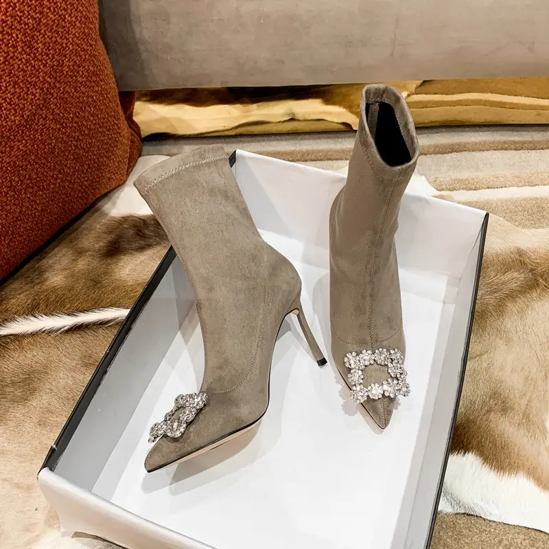 Pointed High-heeled Rhinestone Buckle Elastic Mid-tube Women's Socks Boots