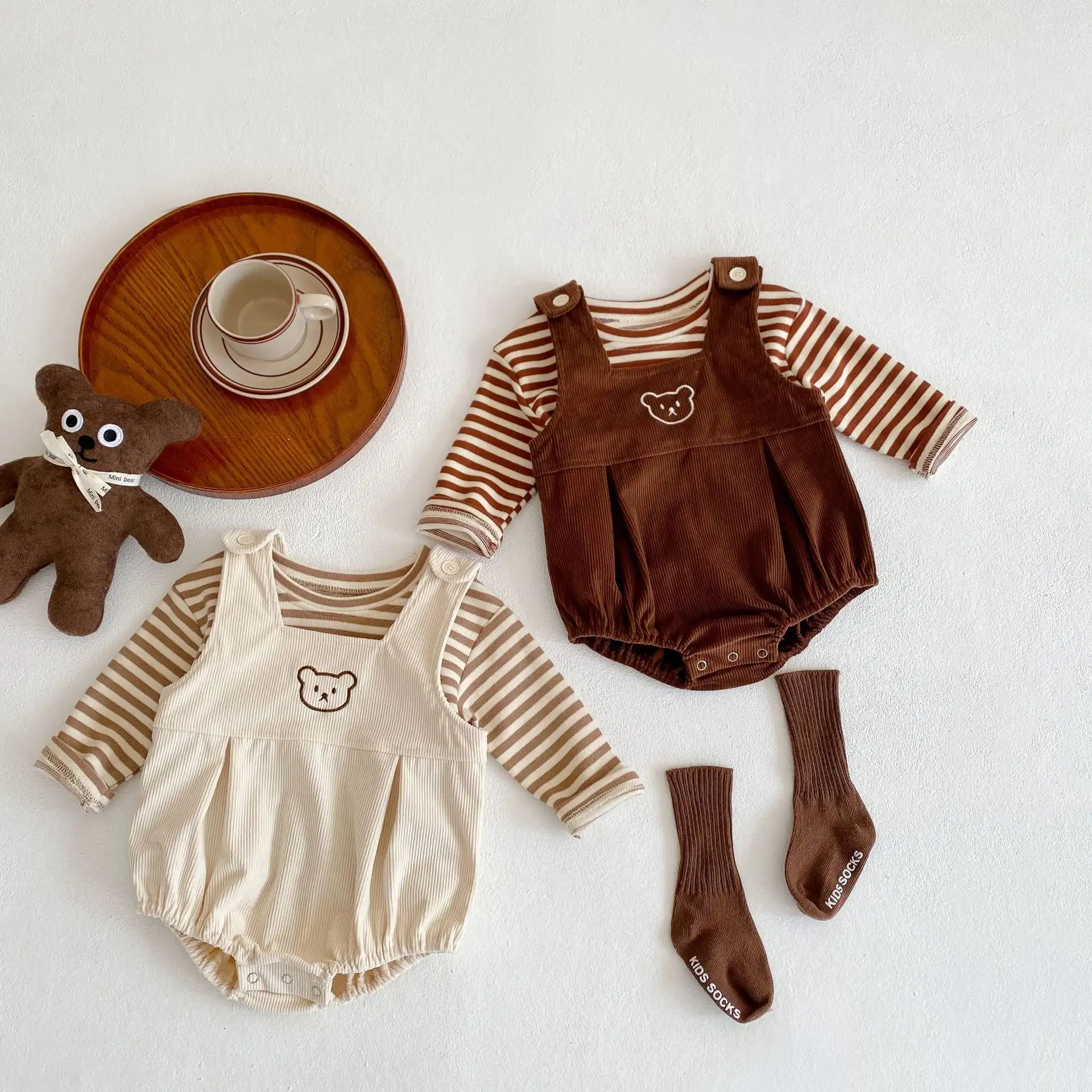 Boys And Girls Baby Striped T-shirt Bear Embroidery Harness