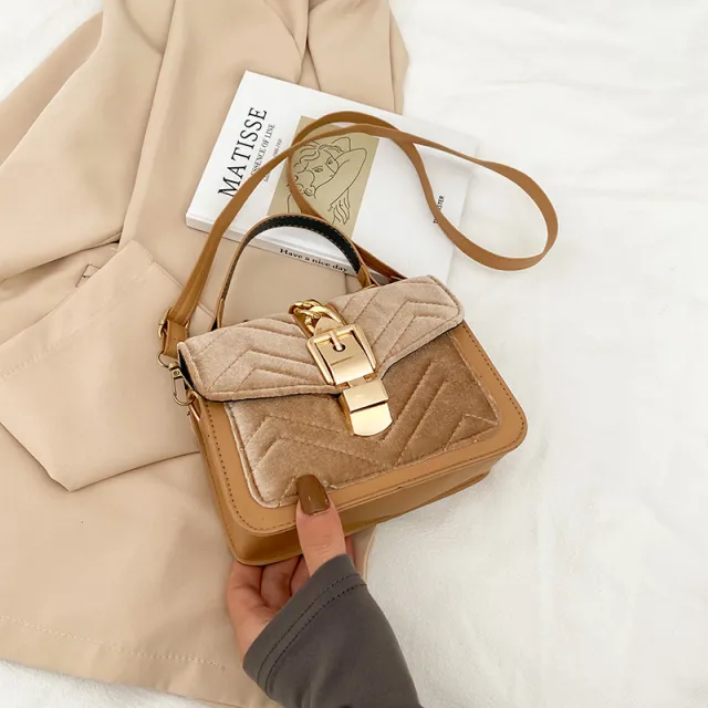 Velvet Texture One Shoulder Crossbody Fashion Khaki - Shop at LoveMi