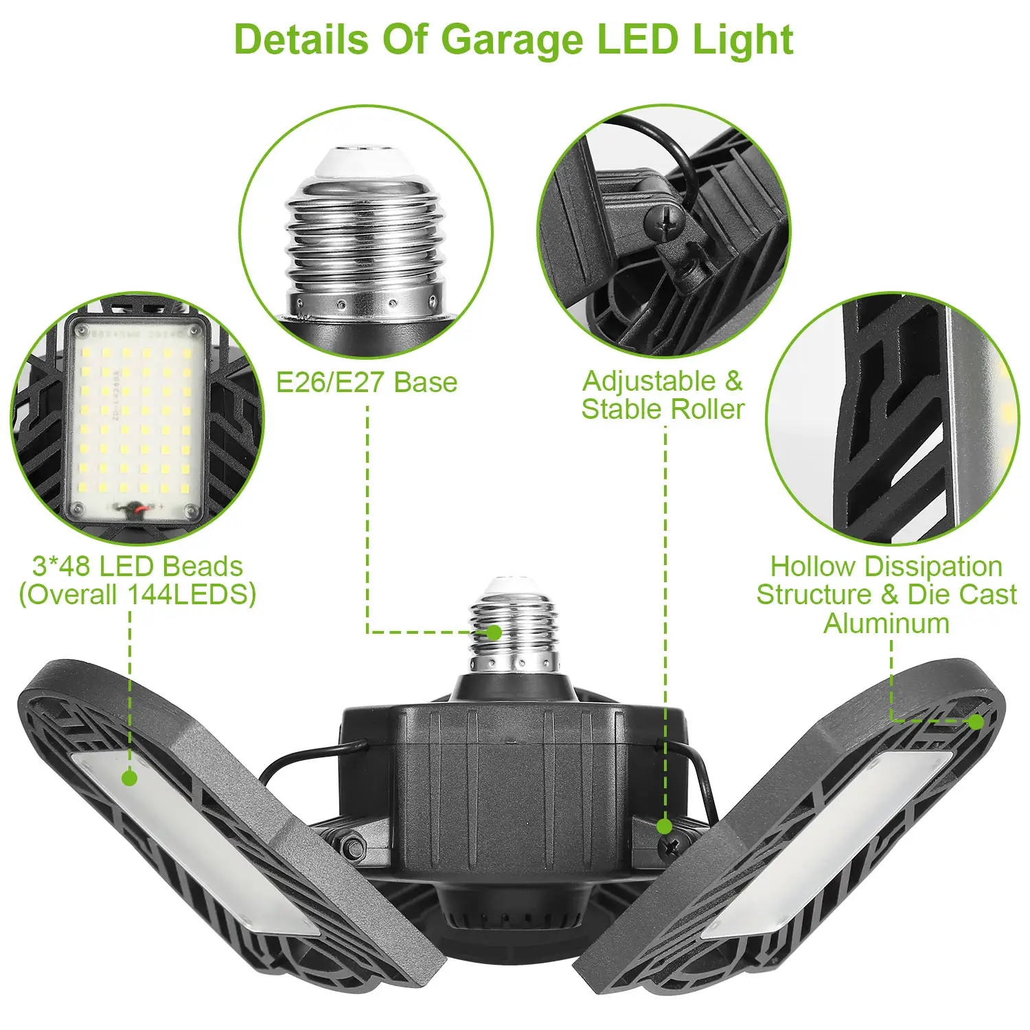 LED Garage Light E26 E27 80W 7000LM 6500K Garage Ceiling Light Deformable Workshop Lamp Die Cast Aluminum LED Ceiling Light Bulbs With 3 Adjustable Panels For B