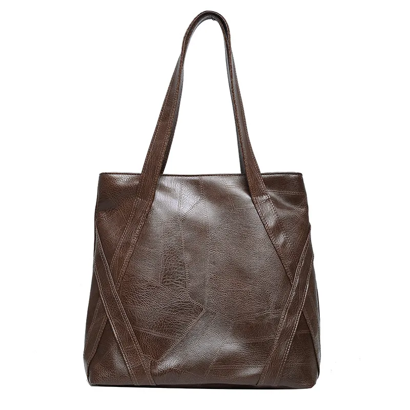 Retro Tote Bag Fashion PU Stitching Shoulder Bag - Coffee