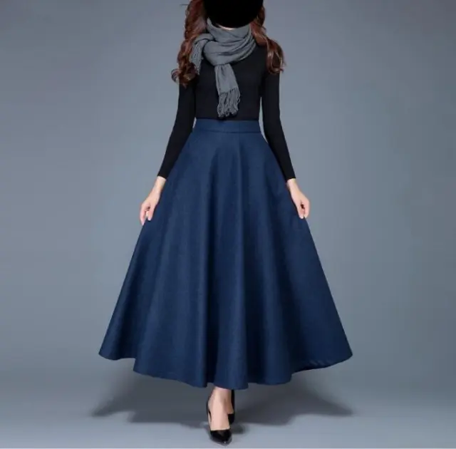 Women's Autumn And Winter Woolen Mid length Swing Skirt Navy Blue 86Cm Has Pockets - Shop at LoveMi