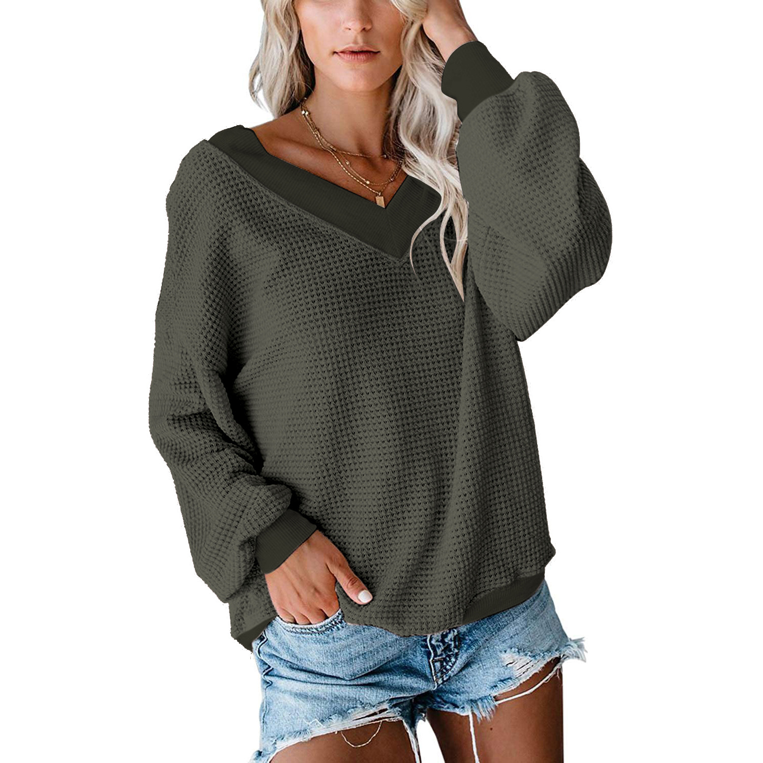 Title 6, V-neck Loose Long-sleeved T-shirt Waffle Top