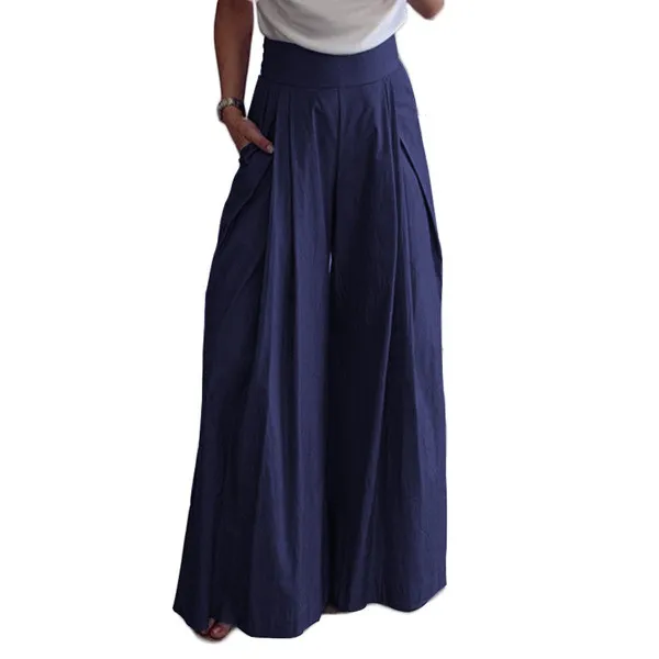 Personalized High Waist Pocket Solid Color Pants Dark Blue - Shop at LoveMi