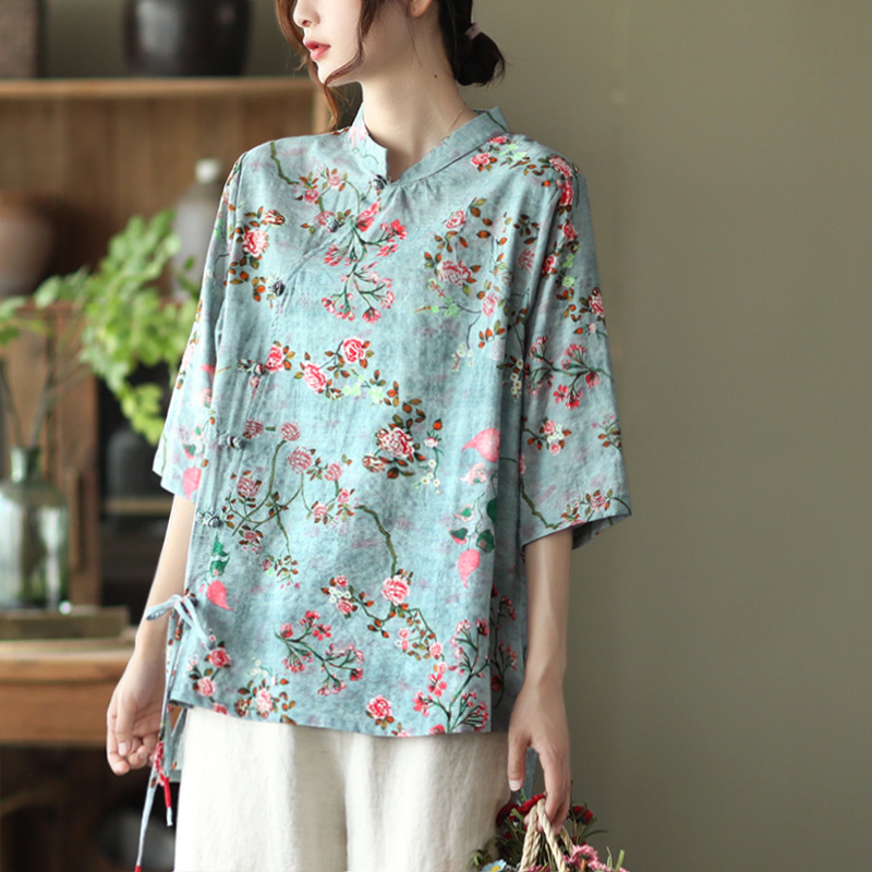 Title 1, Retro Printed Cotton And Linen Shirt With Stand...