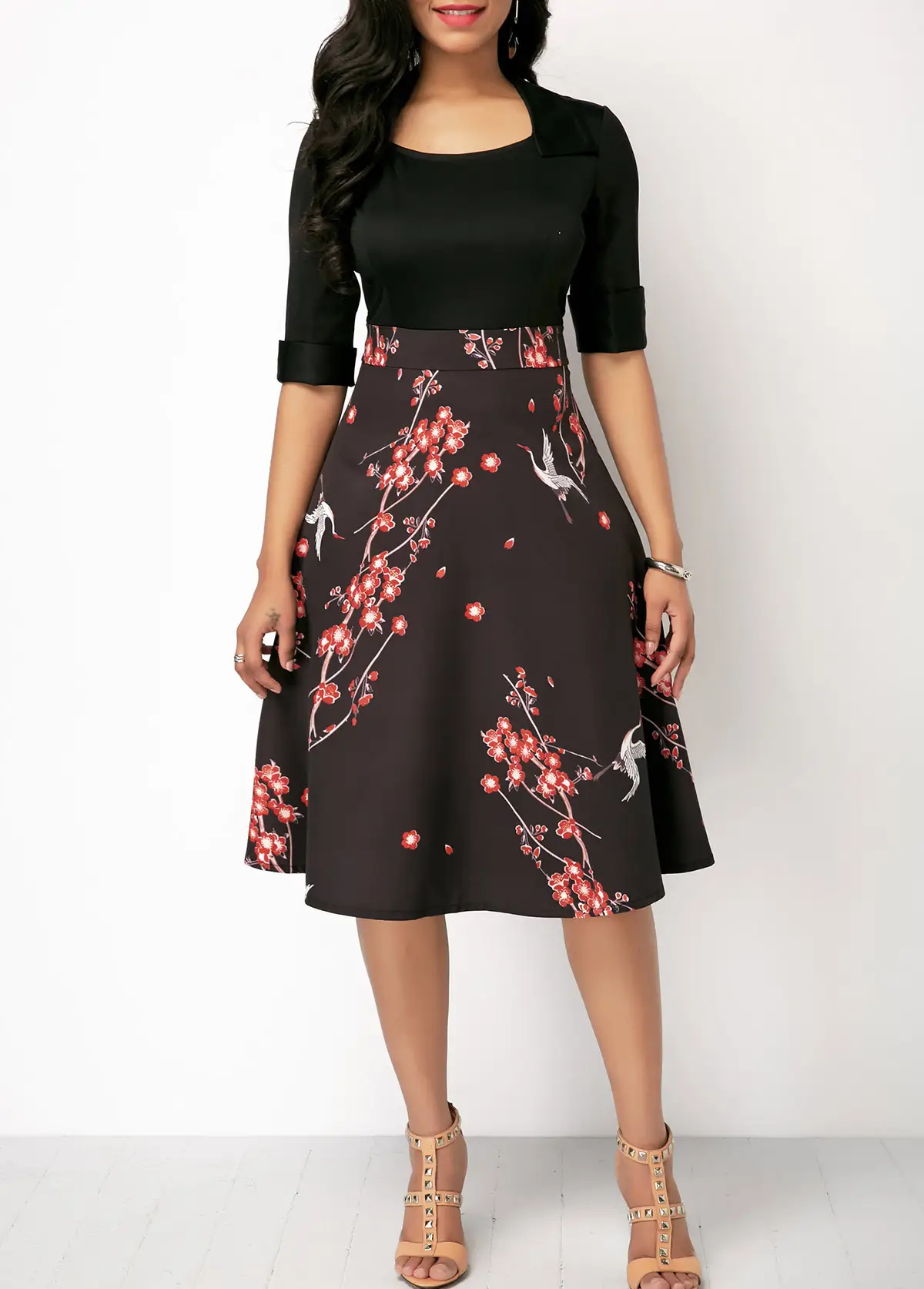 Contrasting Color Square Collar Mid-sleeve A-line Print Dress