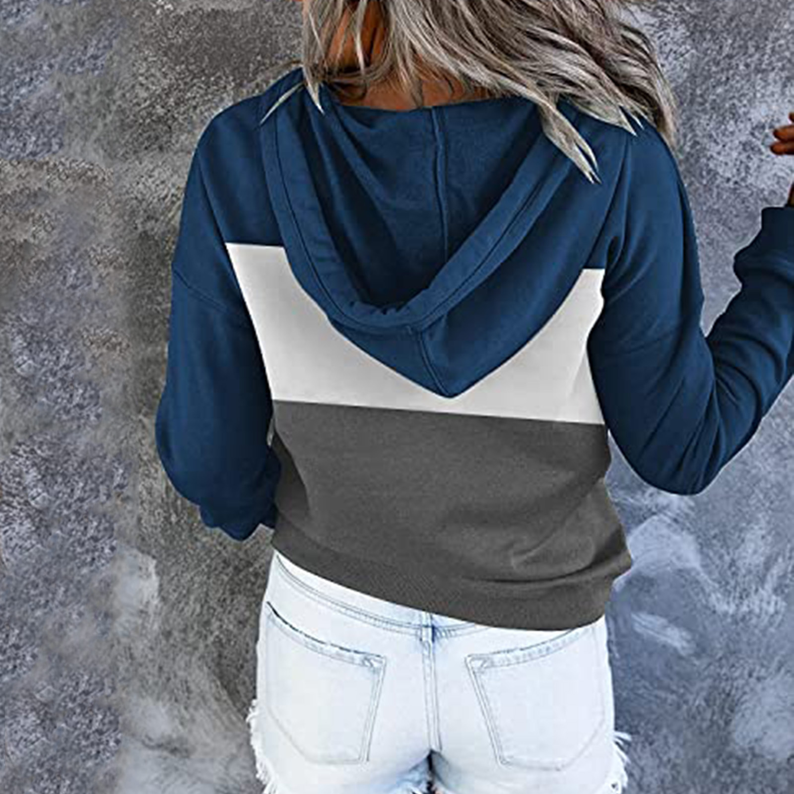 Women's Colorblock Fleece V-Neck Hooded Drawstring Pullover Sweatshirt