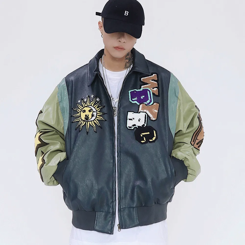 Cartoon Embroidery Contrast Color Stitching PU Leather