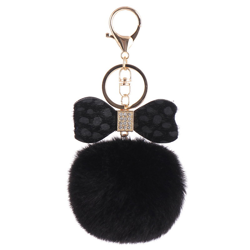 Leopard Bow Fur-Ball Schoolbag Pendant Key Chain – White
