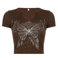 Retro Small U Neck Butterfly Print Brown Short Sleeve T-Shirt - Brown - View 1