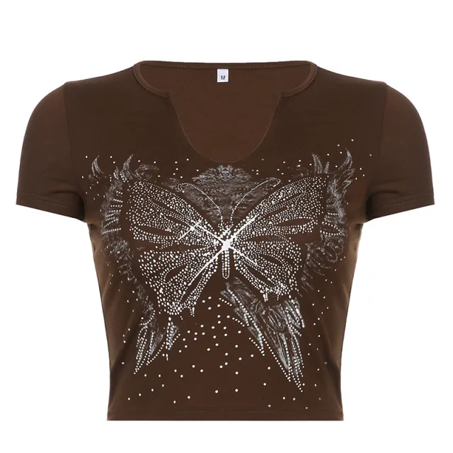 Retro Small U Neck Butterfly Print Brown Short Sleeve T Shirt Brown - Shop at LoveMi