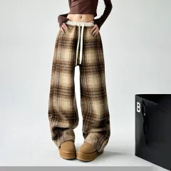 Women's High-Waisted Plaid Wide Leg Pants, Check Pattern Trousers With Drawstring Waist And Pockets - Yellow - View 1