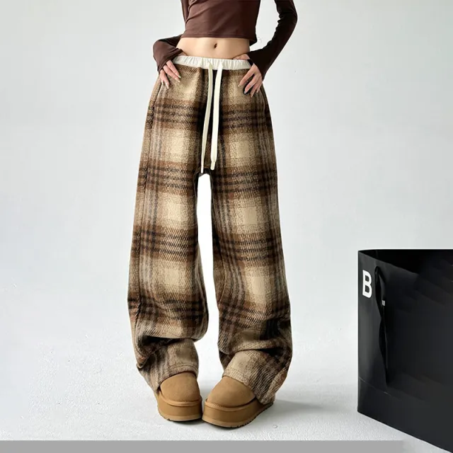 Women's High Waisted Plaid Wide Leg Pants, Check Pattern Trousers With Drawstring Waist And Pockets Yellow - Shop at LoveMi