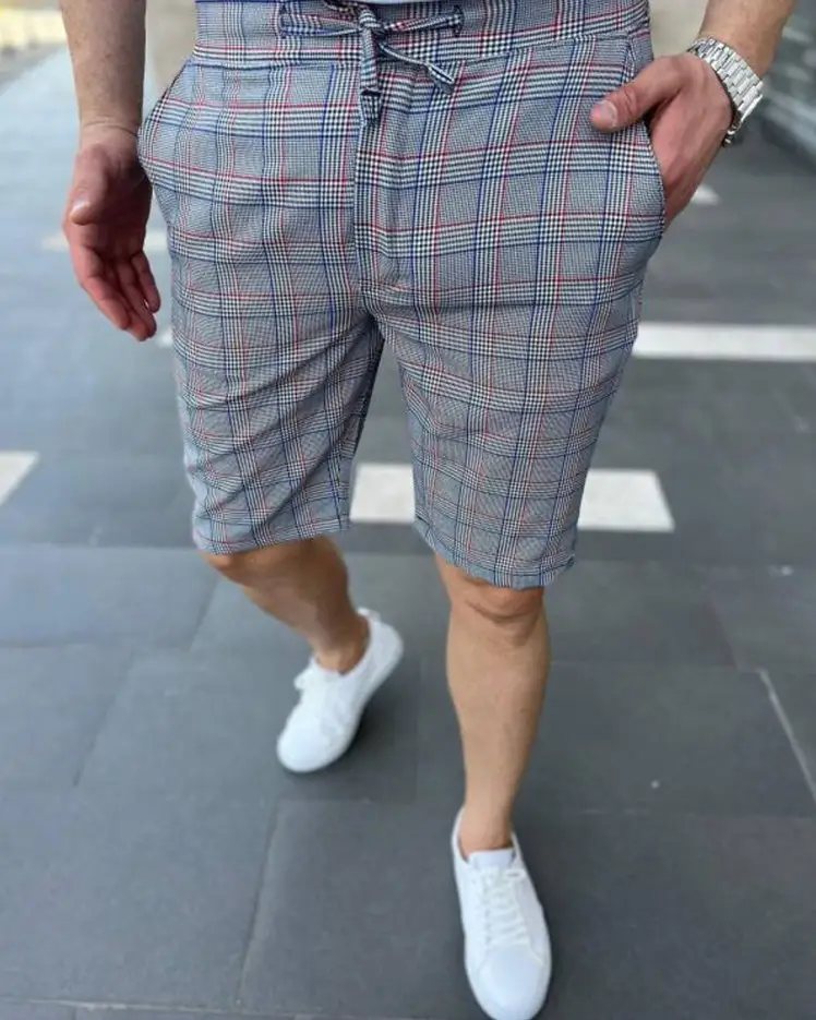 Men's Plaid Lace-Up Striped Casual Shorts