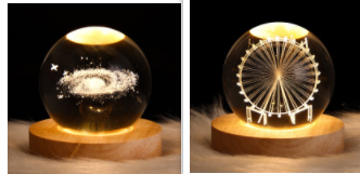 Kleine nachtlamp met kristallen bol, sterrenhemel en planeten – massiefhouten lampvoet, zonnestelsel 6 cm, 2 stuks