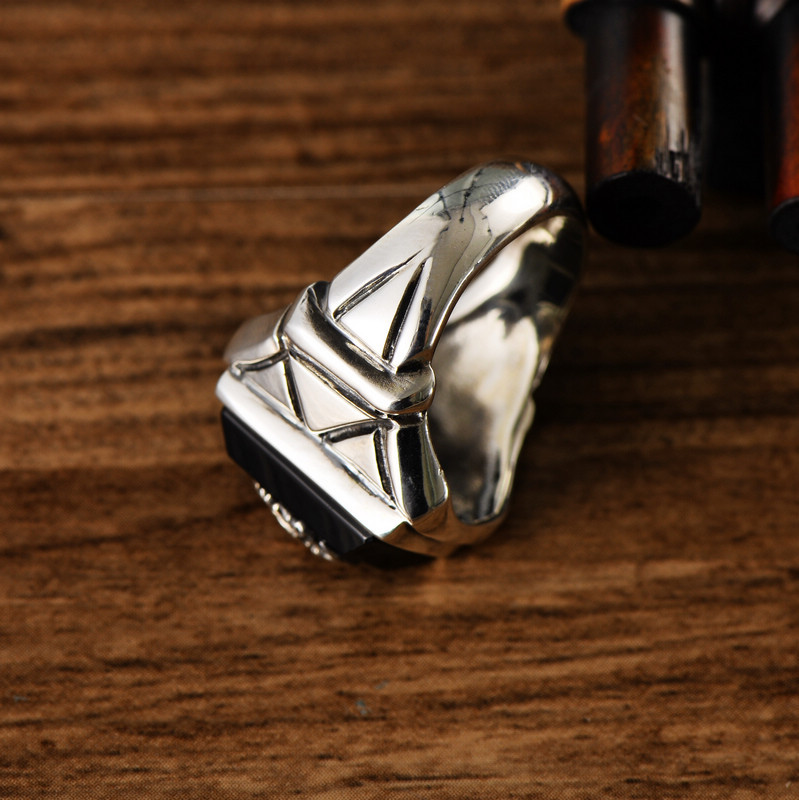 Sterling Silver Trend Black Agate Navy Wind Face Domineering Men's Ring