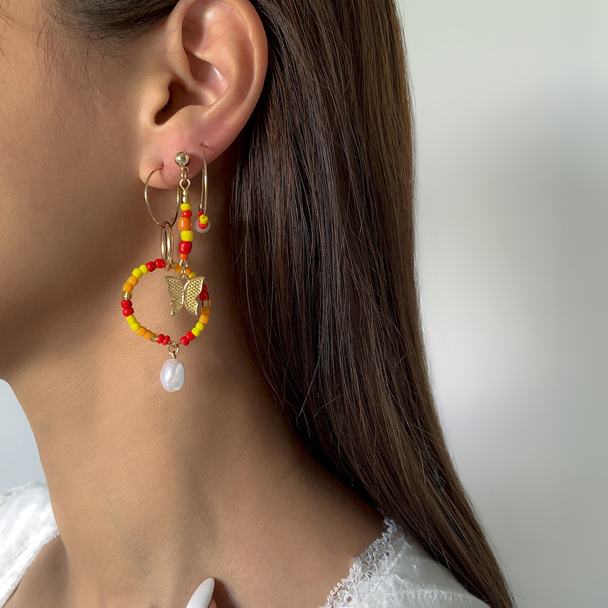 Temperament Stitching Rice Beads Butterfly Earrings Set