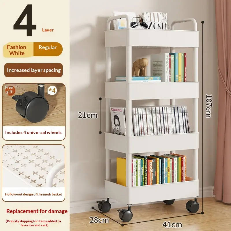 26cm White-4 Layers-wheels-4 Hooks-stickersSmall Cart Storage Rack