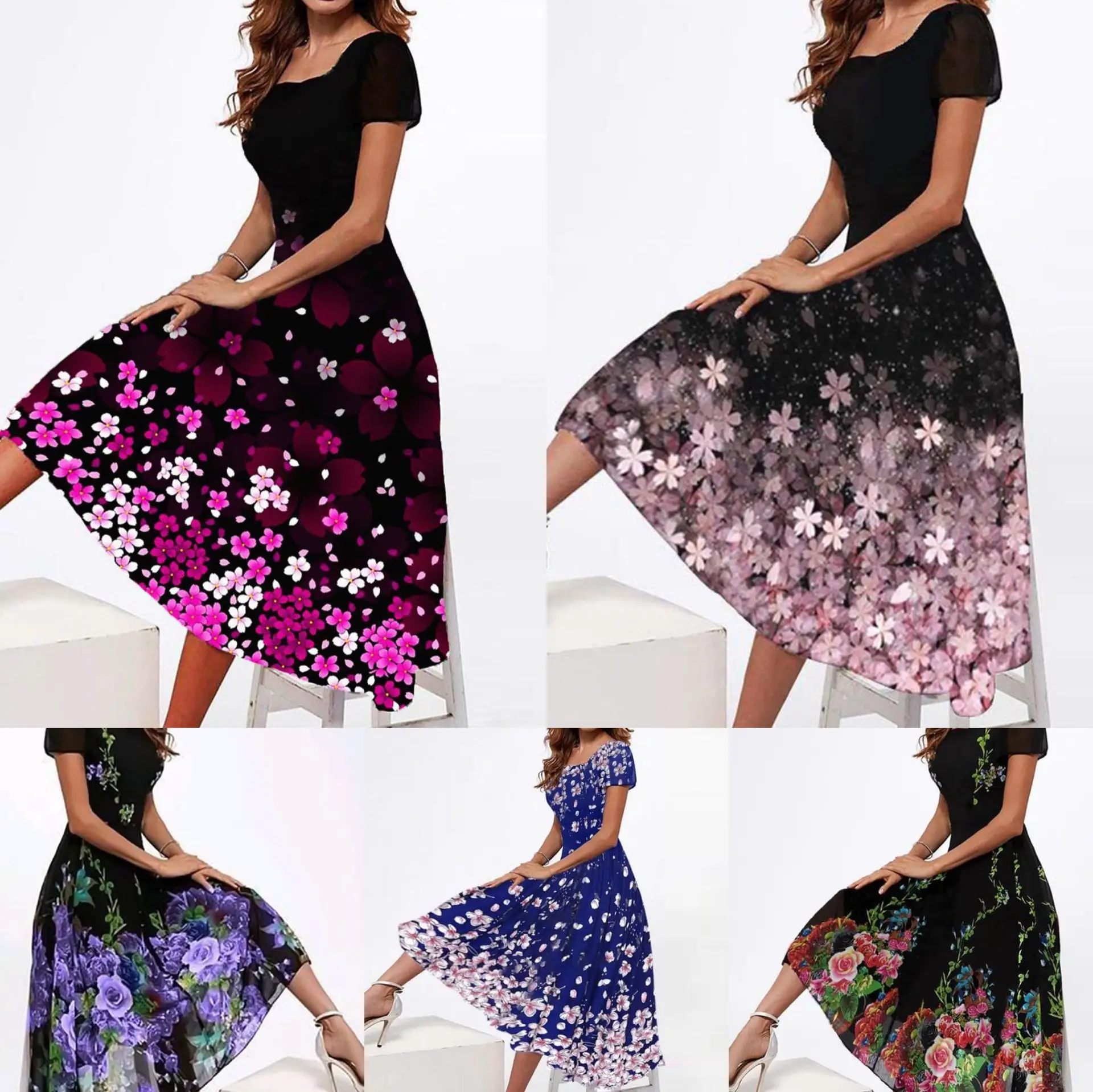 Women's Round Neck Short Sleeve Positioning Multi-color Printed Dress