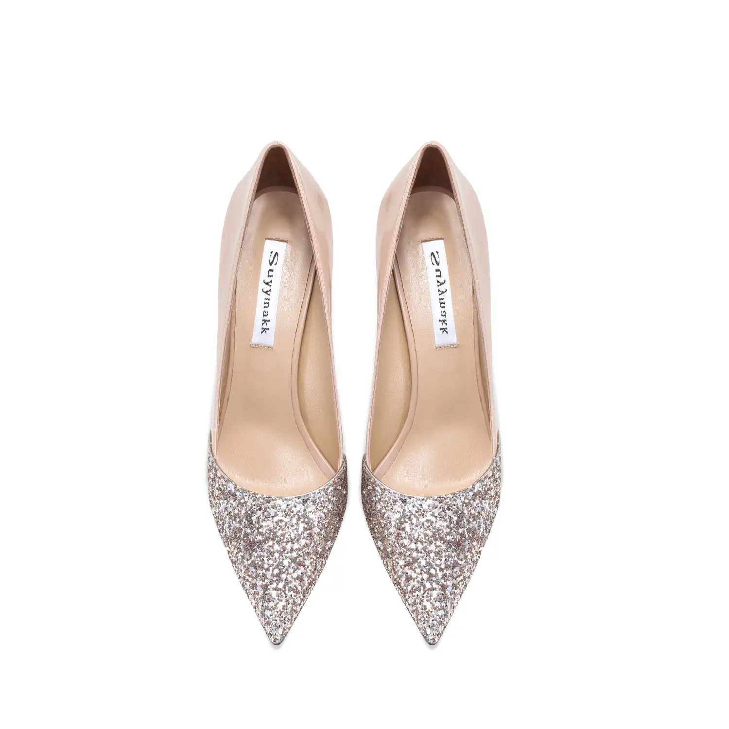 Women's Leather Stitching Gold Sequins High Heels