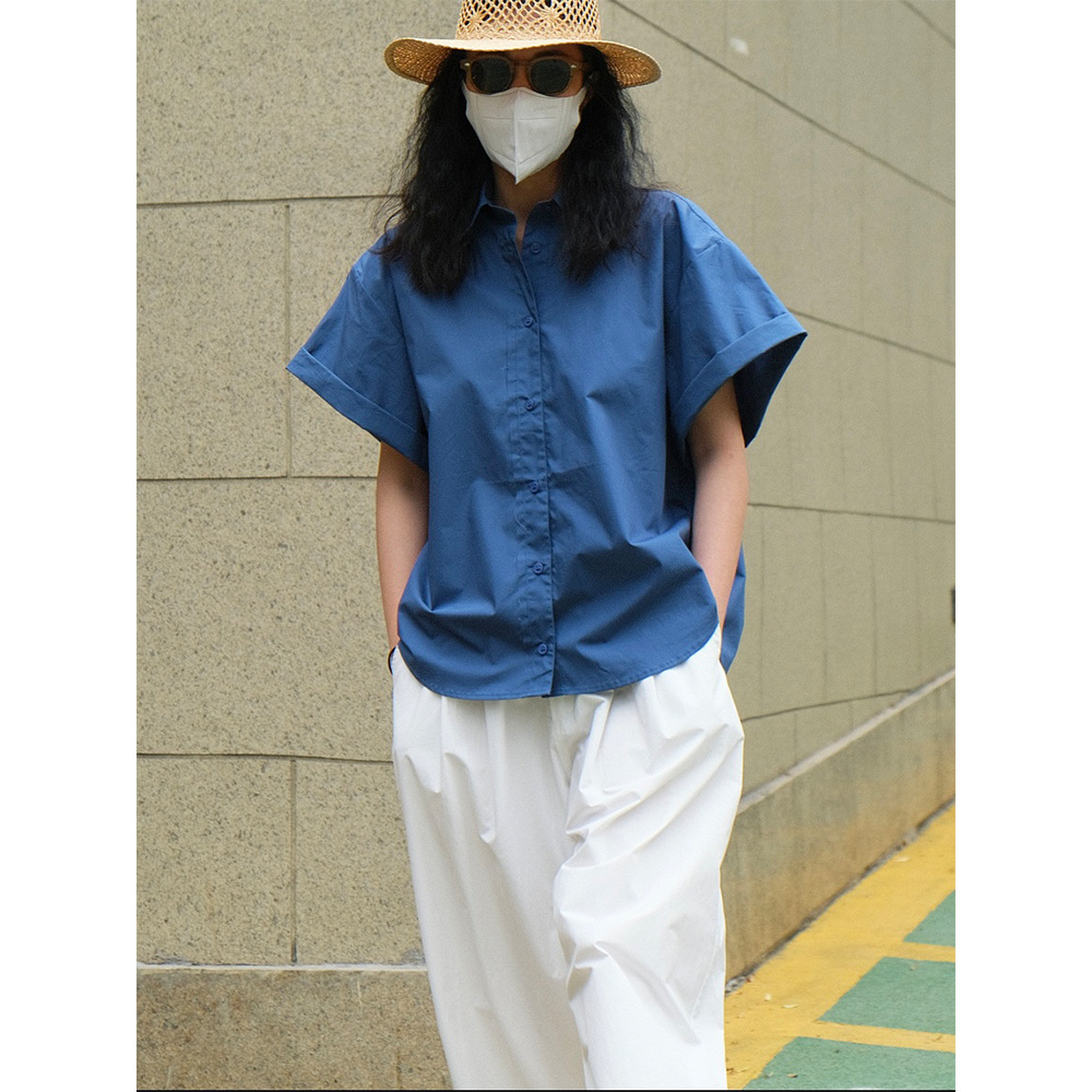 New Japanese Refreshing Casual Rolled Shirt Loose Blue - Shop at LoveMi