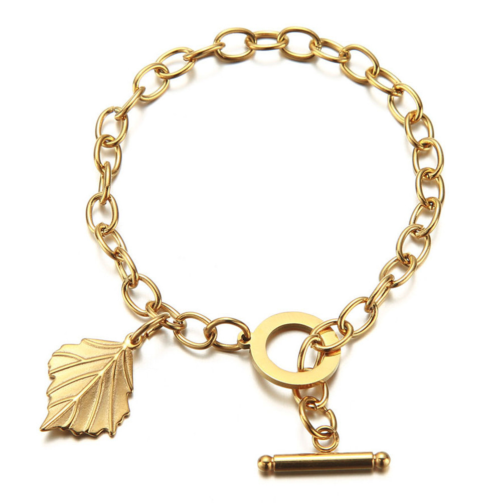 Women's Fashion Stainless Steel Thick Chain Leaf Pendant Bracelet
