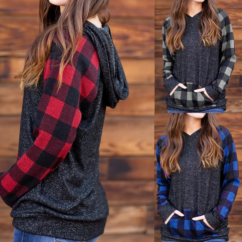 Women's Fashion Casual Plaid Stitching Hooded Long-sleeved Pocket Sweatshirt