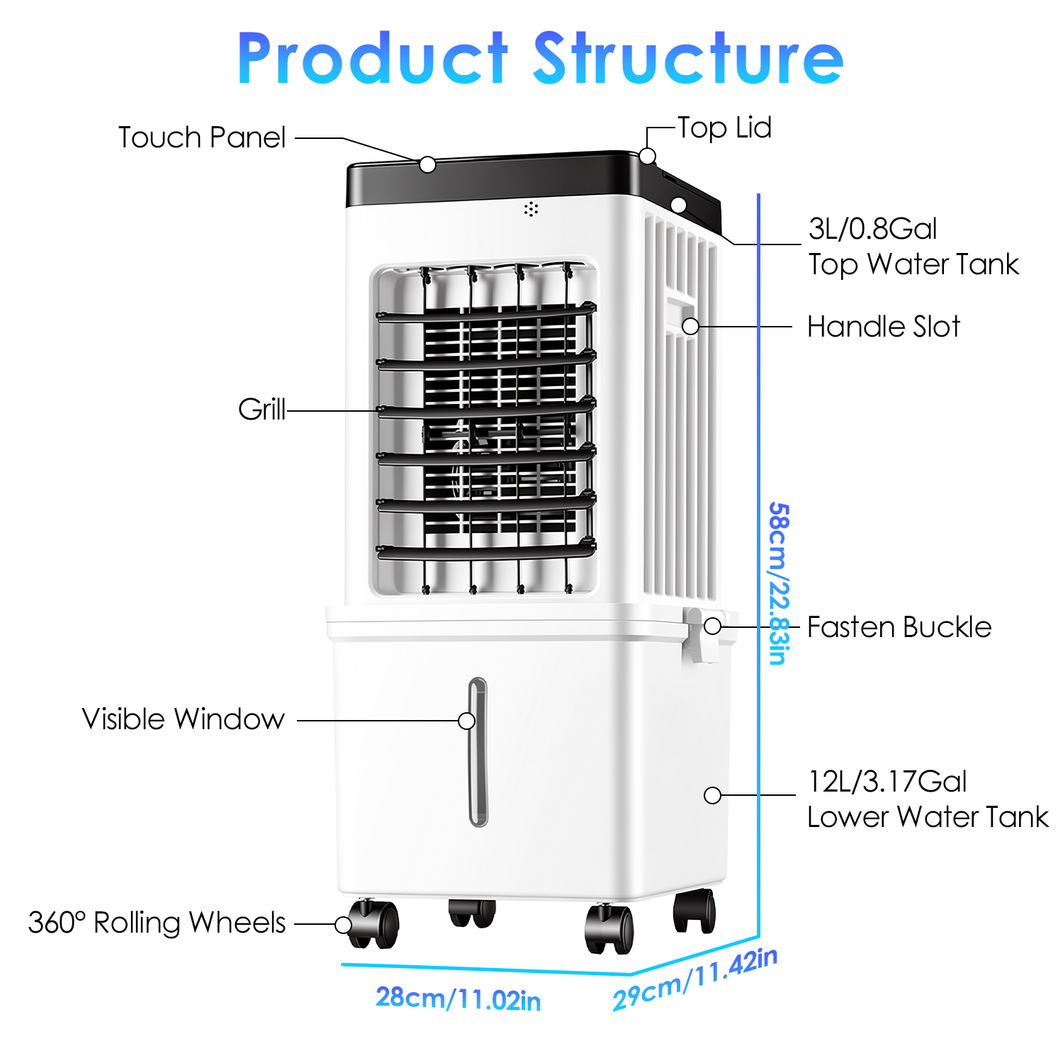 Portable Air Cooler Fan 12L Evaporative Air Conditioner With 3-Speed Dual Water Tank Touch & Remote Control 4 Wheels 4 Ice Packs Oscillation 15H Timer Visible Window For Bedroom Office Home
