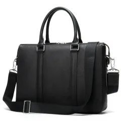 Men's Simple Solid Color Leather Briefcase - Black - View 1