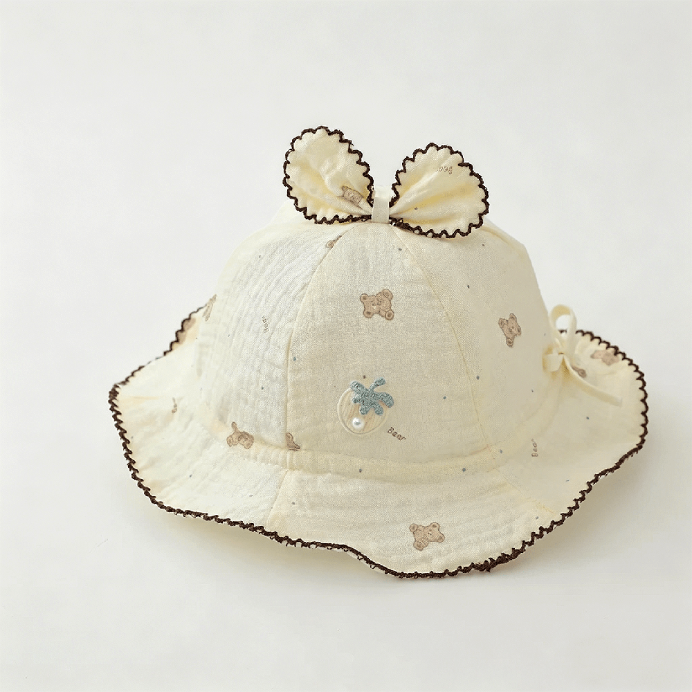 Summer Baby Bear Print Bow Hat With Frilled Brim And Strawberry Embroidery, A Comfortable And Cute Children's Style Boater Hat.