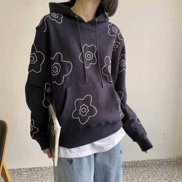 Simple Flower Embroidery Hoodie Unisex Couple Black - Shop at LoveMi