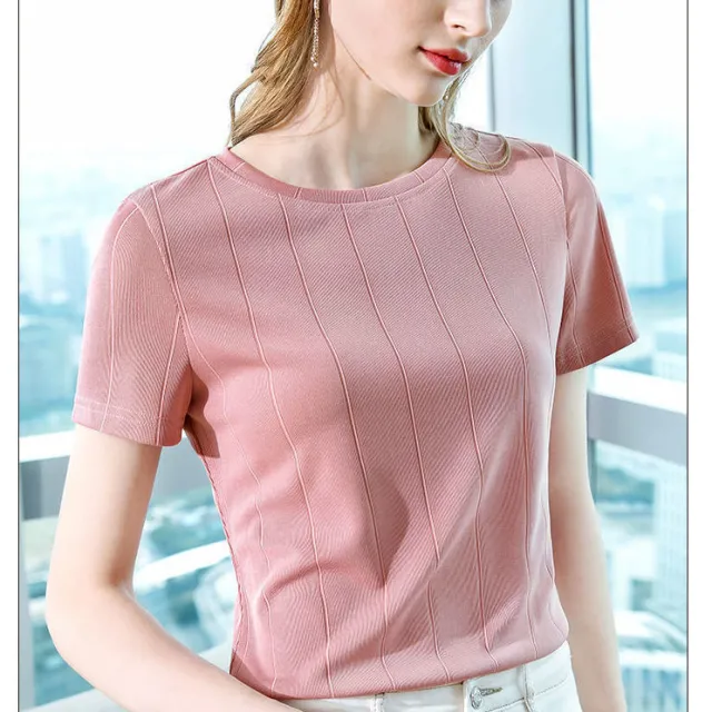 Ice Silk Short Sleeved T Shirt Women's Self Cultivation Summer New Women's Sweater Pink - Shop at LoveMi