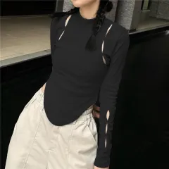 Summer Half High Neck Hollowed Out Long Sleeve Waist Waist T-shirt Top Female - Black - View 1