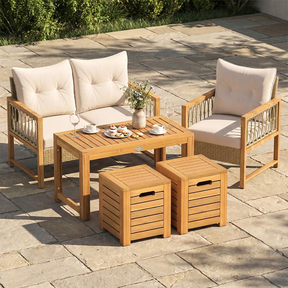 Acacia Wood Outdoor Coffee Table With Stools Set Of 2 3 Pieces Patio Table And Stools Set For Balcony, Patio, Porch, Garden And Other Limited Space