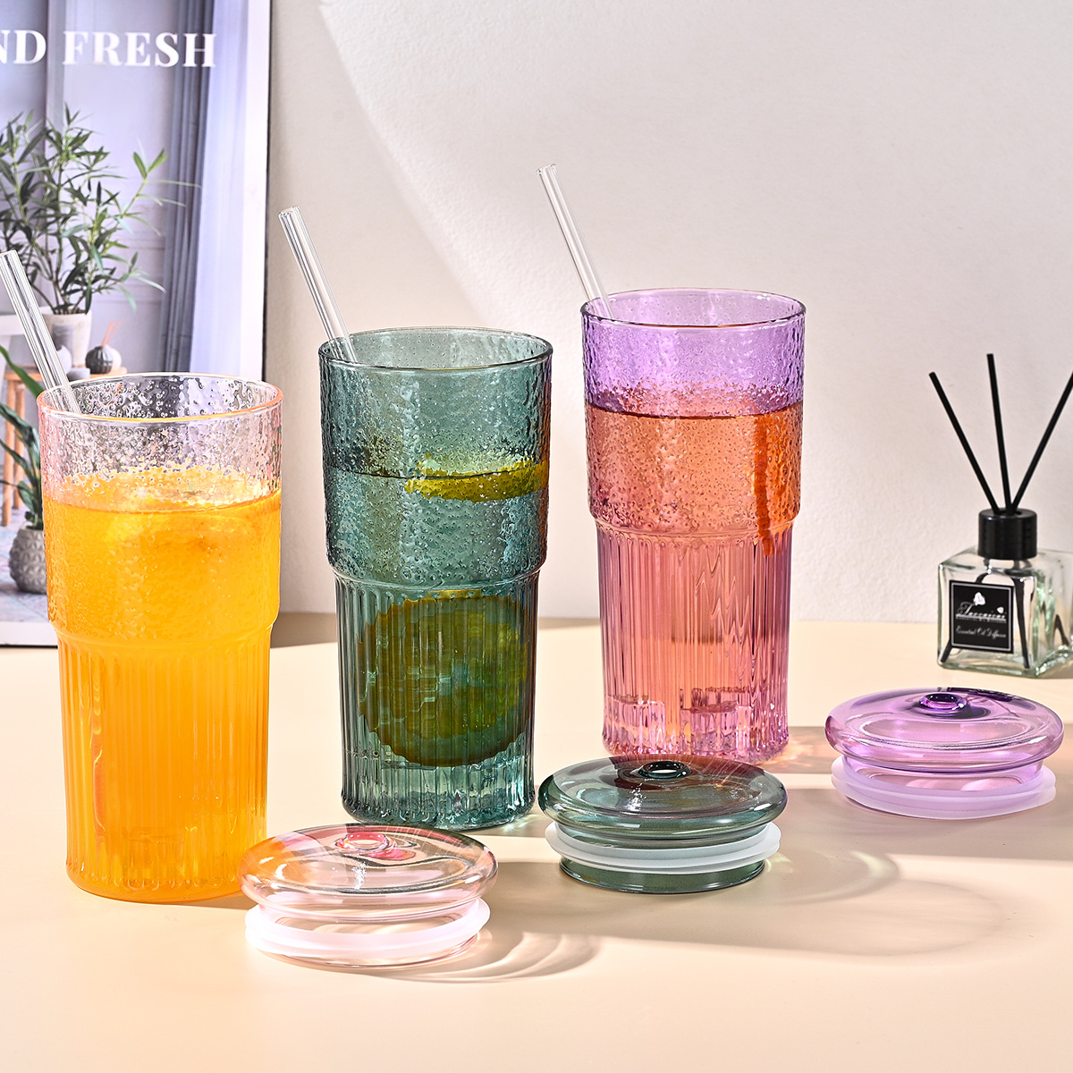 20 Oz 2-pack Green Glass Straw Cup With Vertical Pattern Cup And Lid, High Borosilicate Heat-resistant Glass Cup For Juice, Milk And Cold Drinks