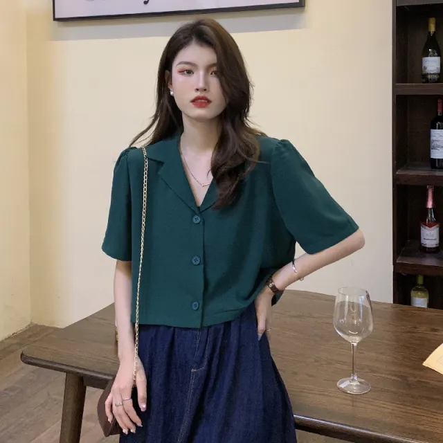 Design Sense, Retro flavored Salt Style Suit Collar Short sleeved Shirt Green - Shop at LoveMi
