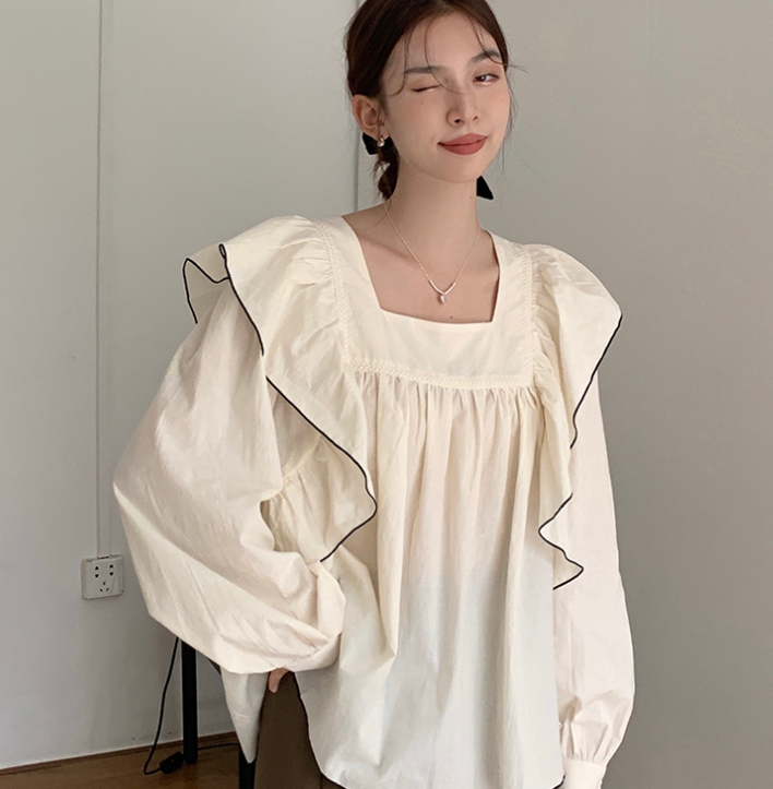 Temperament Square Neck Pleated Stitching Ruffled Women's Top