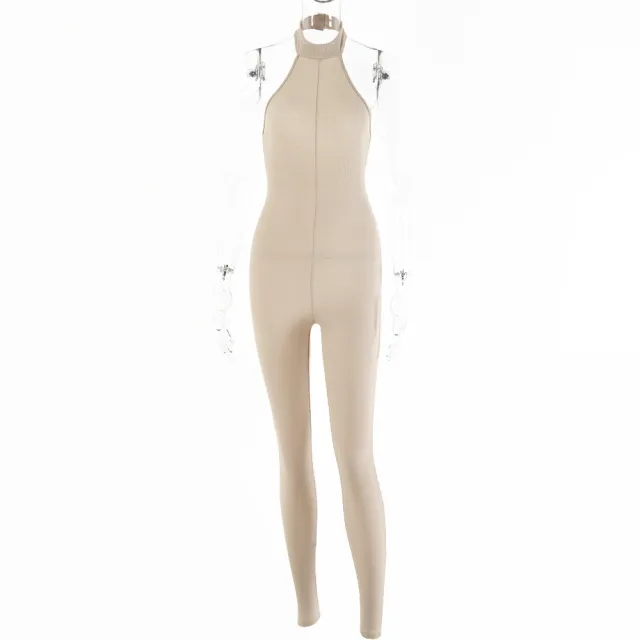 Cross border Women's Autumn And Winter New Sexy Halter Jumpsuit Halter Tight Sleeveless Jumpsuit Khaki - Shop at LoveMi
