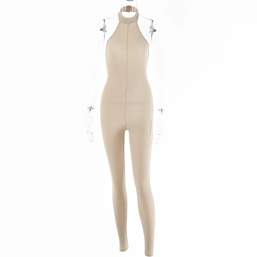 Cross-border Women's Autumn And Winter New Sexy Halter Jumpsuit Halter Tight Sleeveless Jumpsuit - Khaki