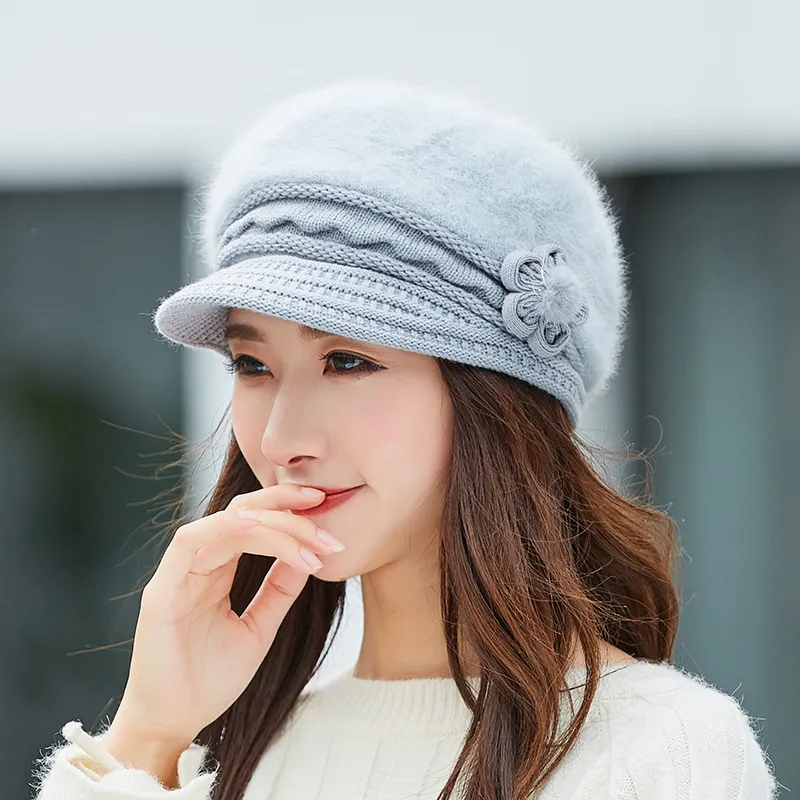 Women's Winter Rabbit Fur Warm Knitted Wool Hat - Grey