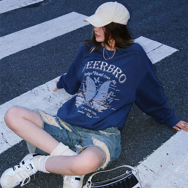 Retro American butterfly print embroidered pullover sweater girl