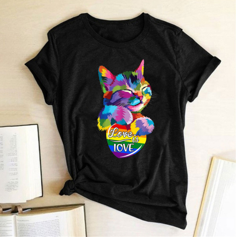 Title 6, Colorful Cat LOVE Letter Print Female T-shirt