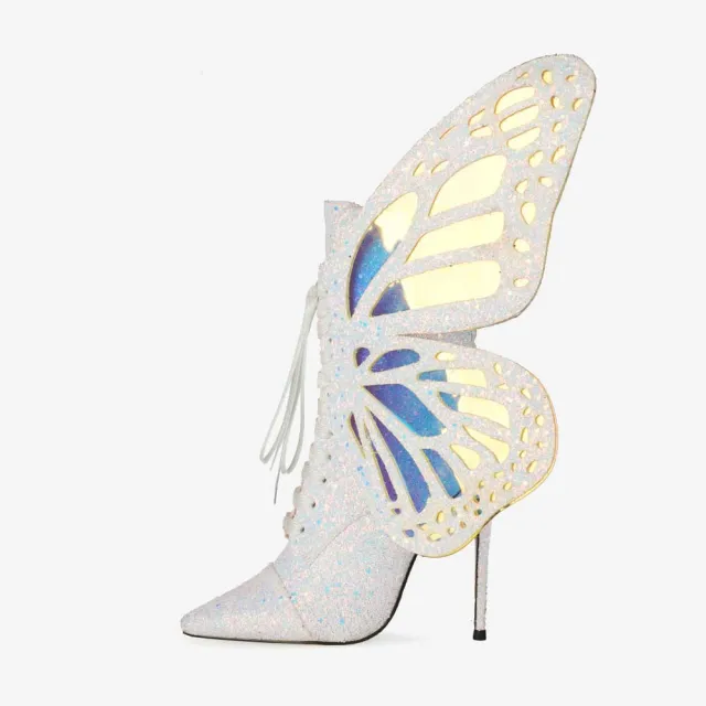 Cross lace Sequined Butterfly Wings Sequined Short Boots White - Shop at LoveMi