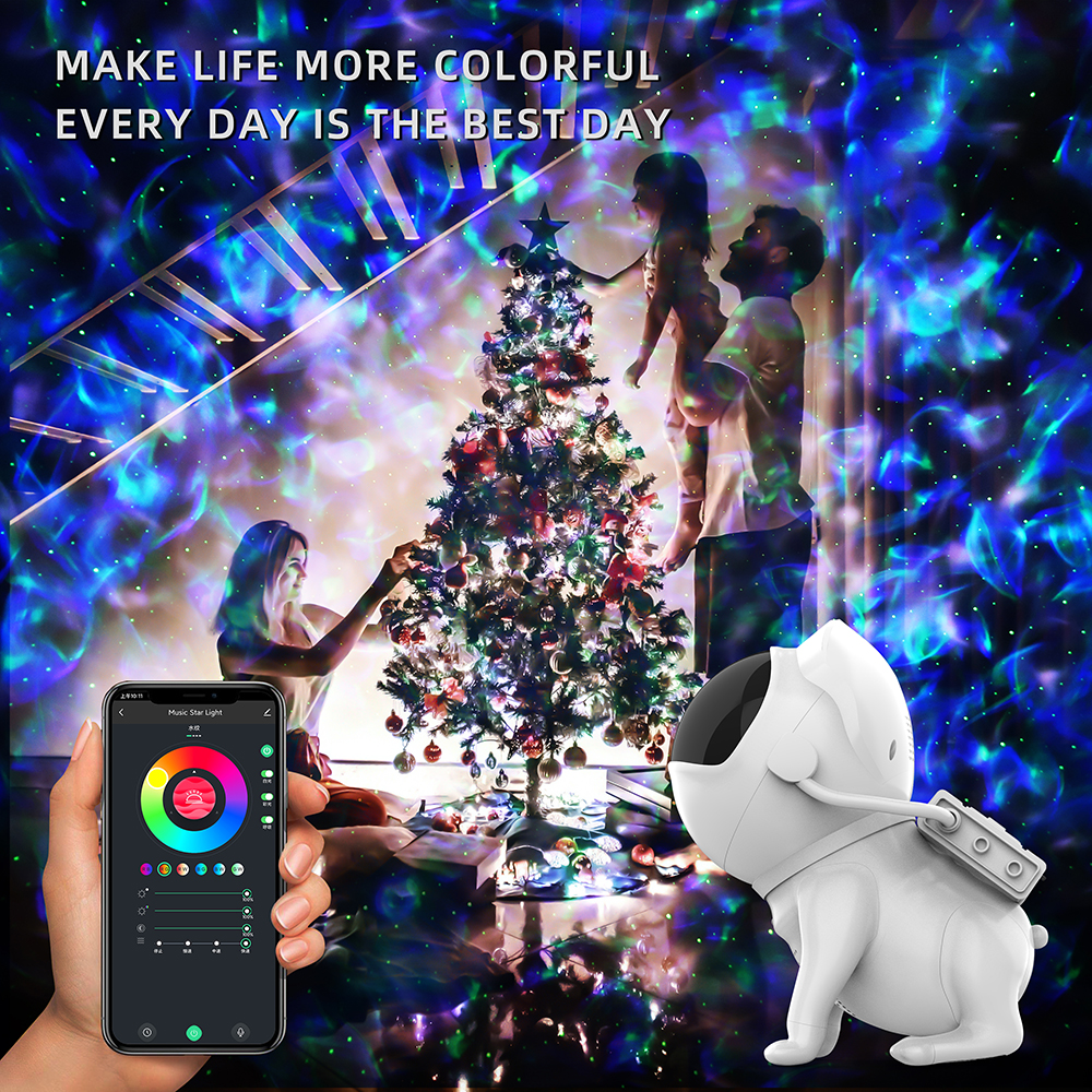 Space Dog Star Light White Beauty projector with adjustable settings and white noise options. Perfect for creating a cozy and romantic ambiance at home. Comes with remote control for easy adjustments and auto timer feature. Includes Bluetooth speaker for 