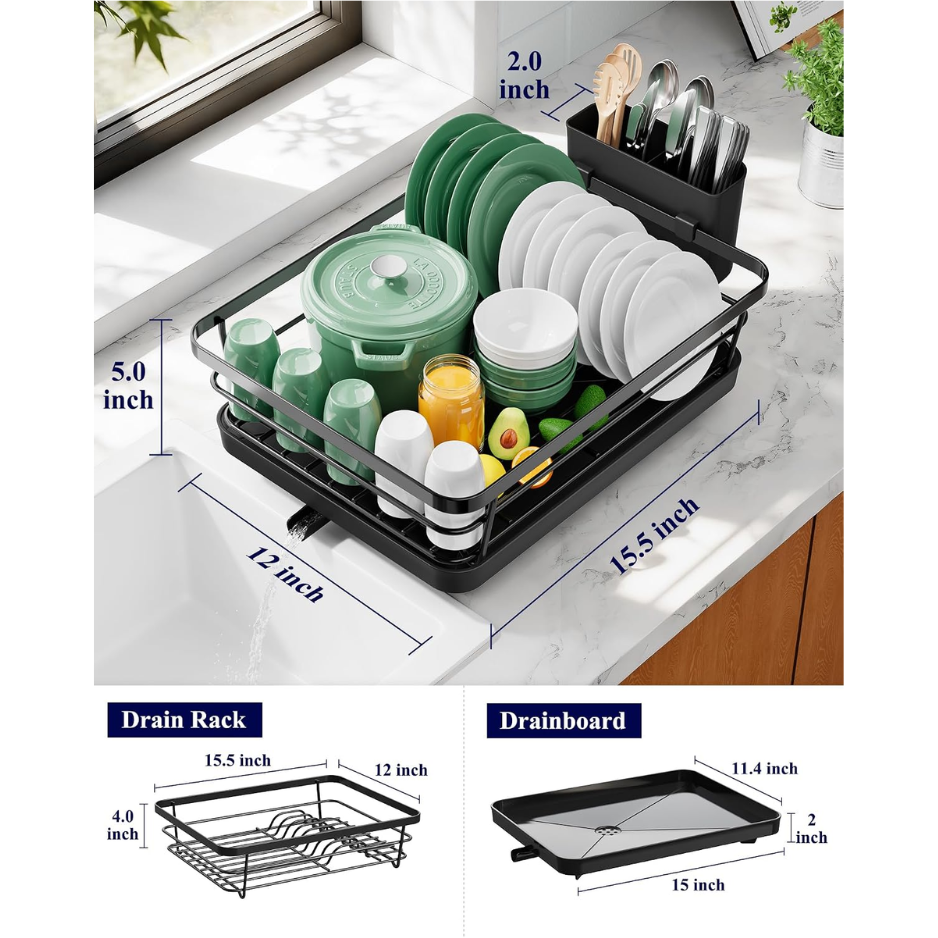 Dish Drying Rack For Kitchen Counter, 12W X 15.5L, Black Stainless Steel Sink Organization, Cutlery Holder, Home 5
