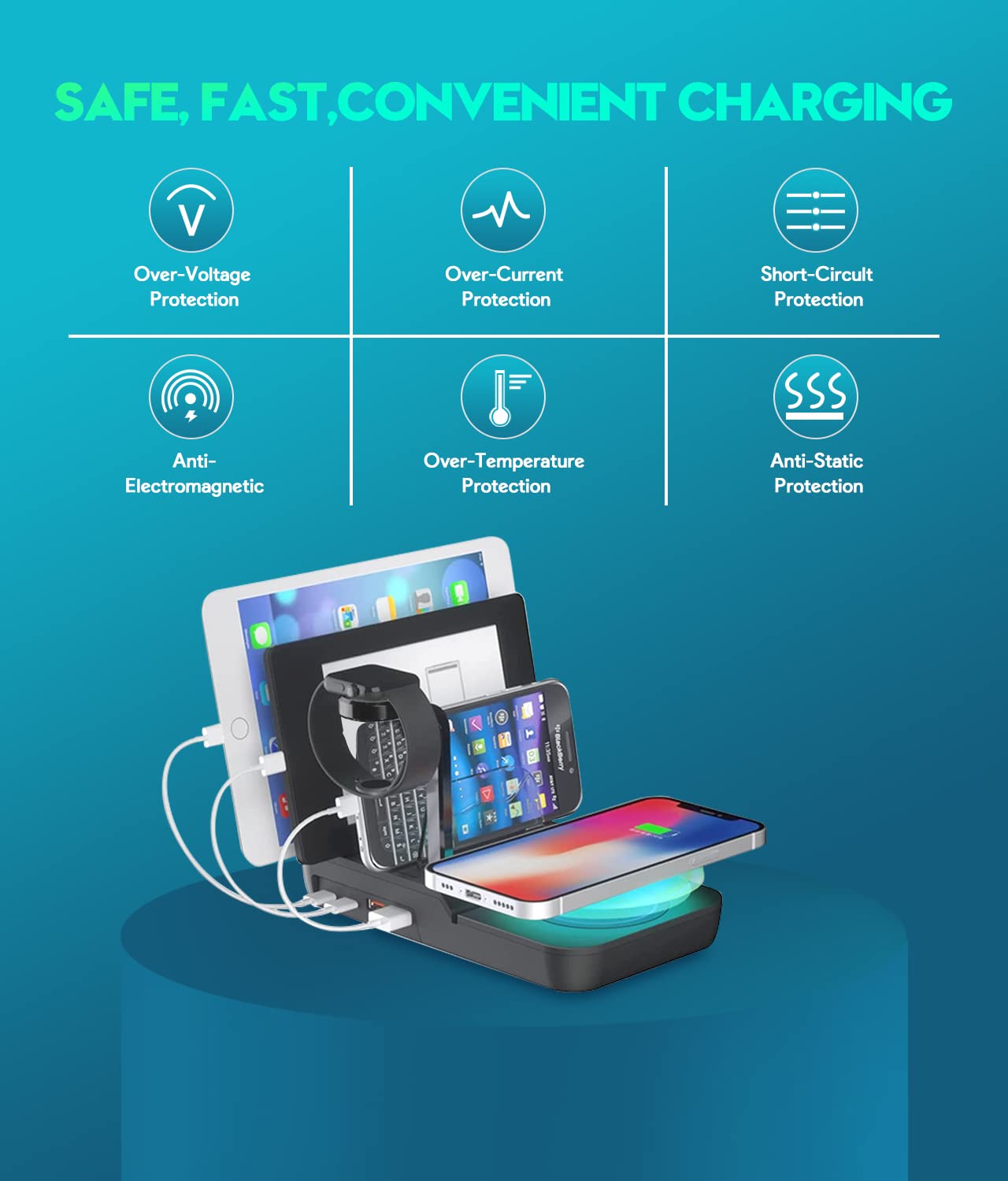 70W Charging Station with Wireless Charger and 4 Ports. 5 in 1 Charging Station with QC Compliant AC Adapter Built-in with 2 Smart USB-A Ports and 2 Smart USB-C Ports and 1 Watch Stand (Apple Watch Cable Not Included): 2 USB- C and one USB-A1 port can del