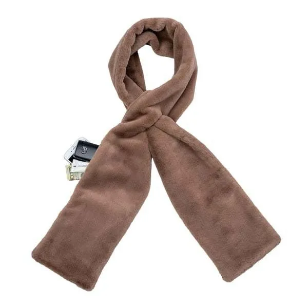 Ultra Soft Faux Fur Pull Through Scarf With Hidden Zipper Pocket Brown - Shop at LoveMi