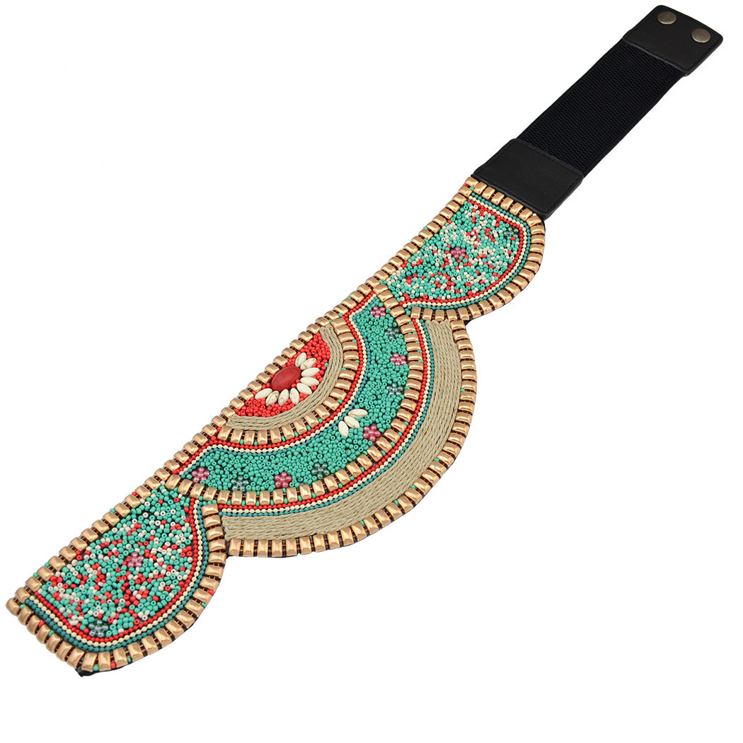 New Autumn And Winter Dress Down Jacket Ladies Wide Waistband Ethnic Style Handmade Exaggerated Rice Beads Metal Texture Belt