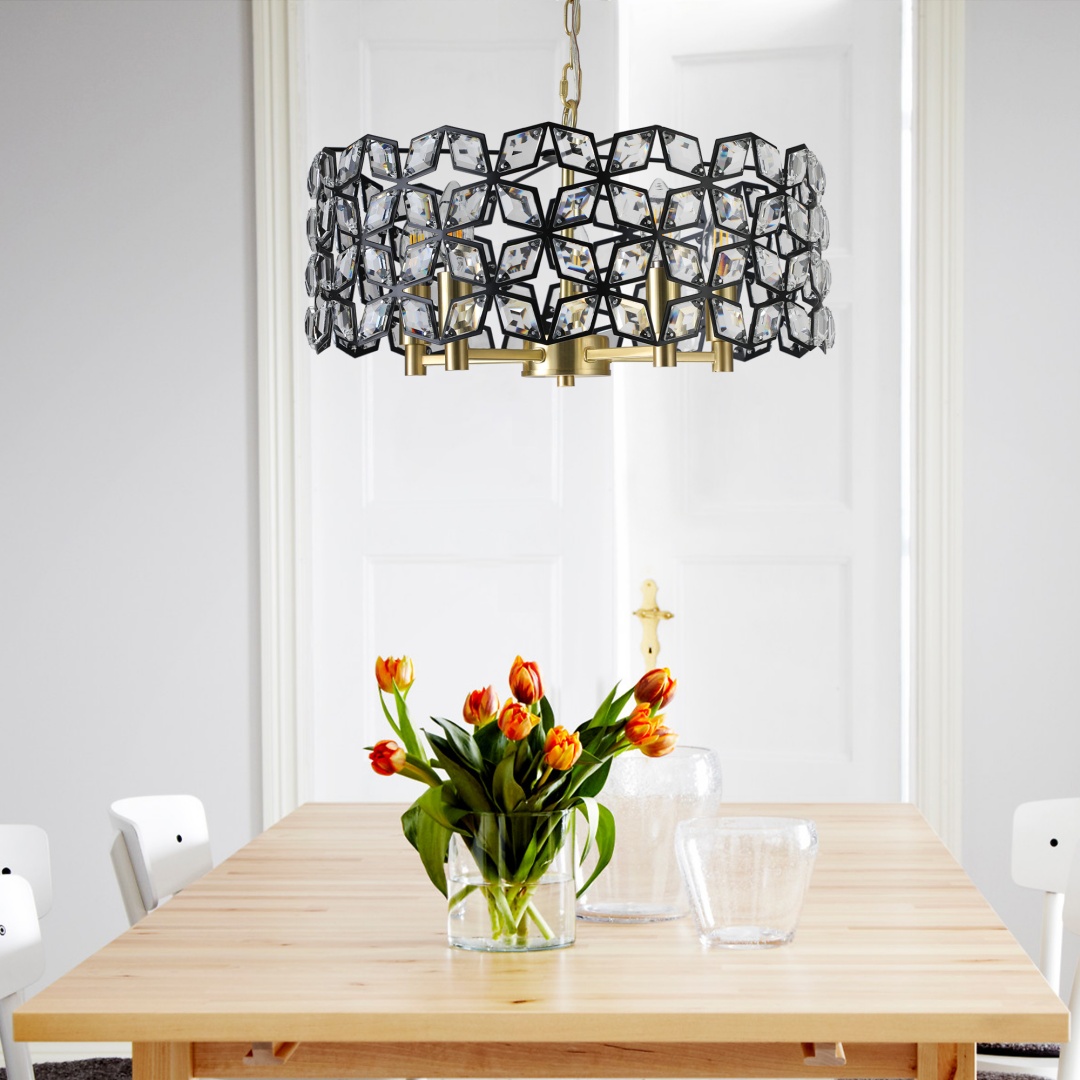 19 Geometric Crystal And BlackGold Round Pendant Chandelier - Modern 5-Light Fixture For Dining Room, Living Room, Or Kitchen Bulb Not Included_voghion.com